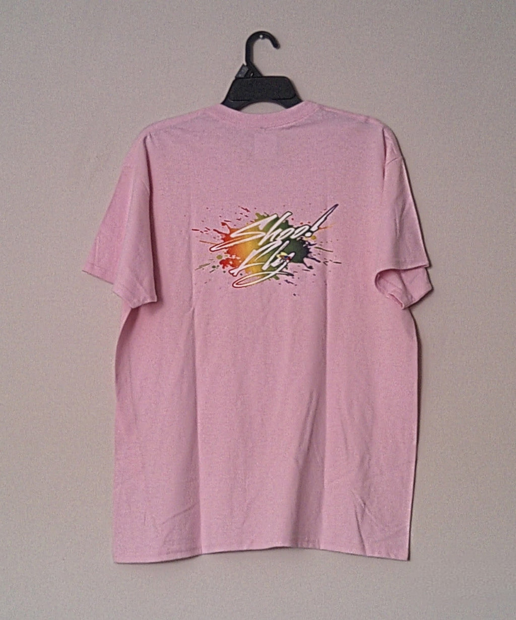 Shoo! Fly logo small Front right Big logo center back
