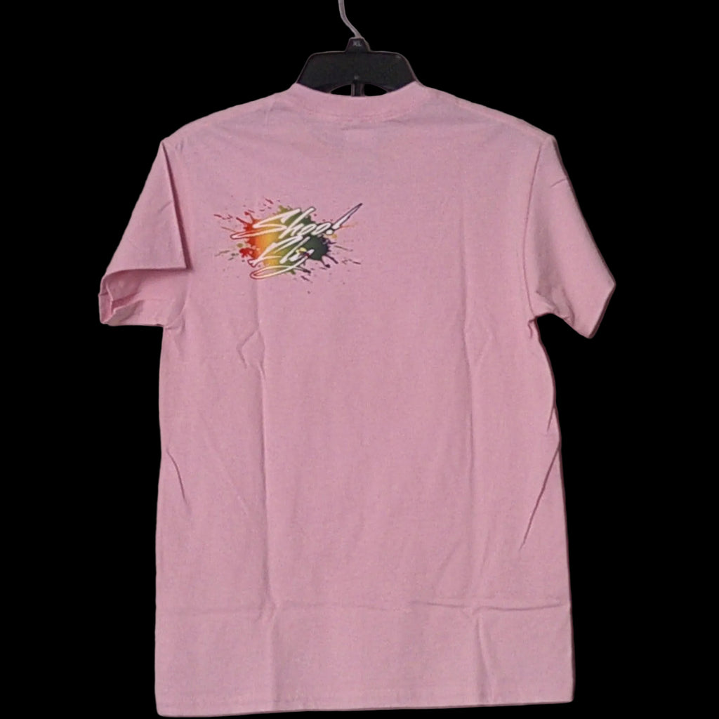 Pink Shoo! Fly logo Big center Front small logo Back Left