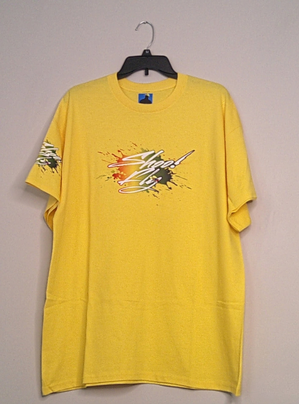 Shoo! Fly logo Big front center, logo small right sleeve, logo Big back center