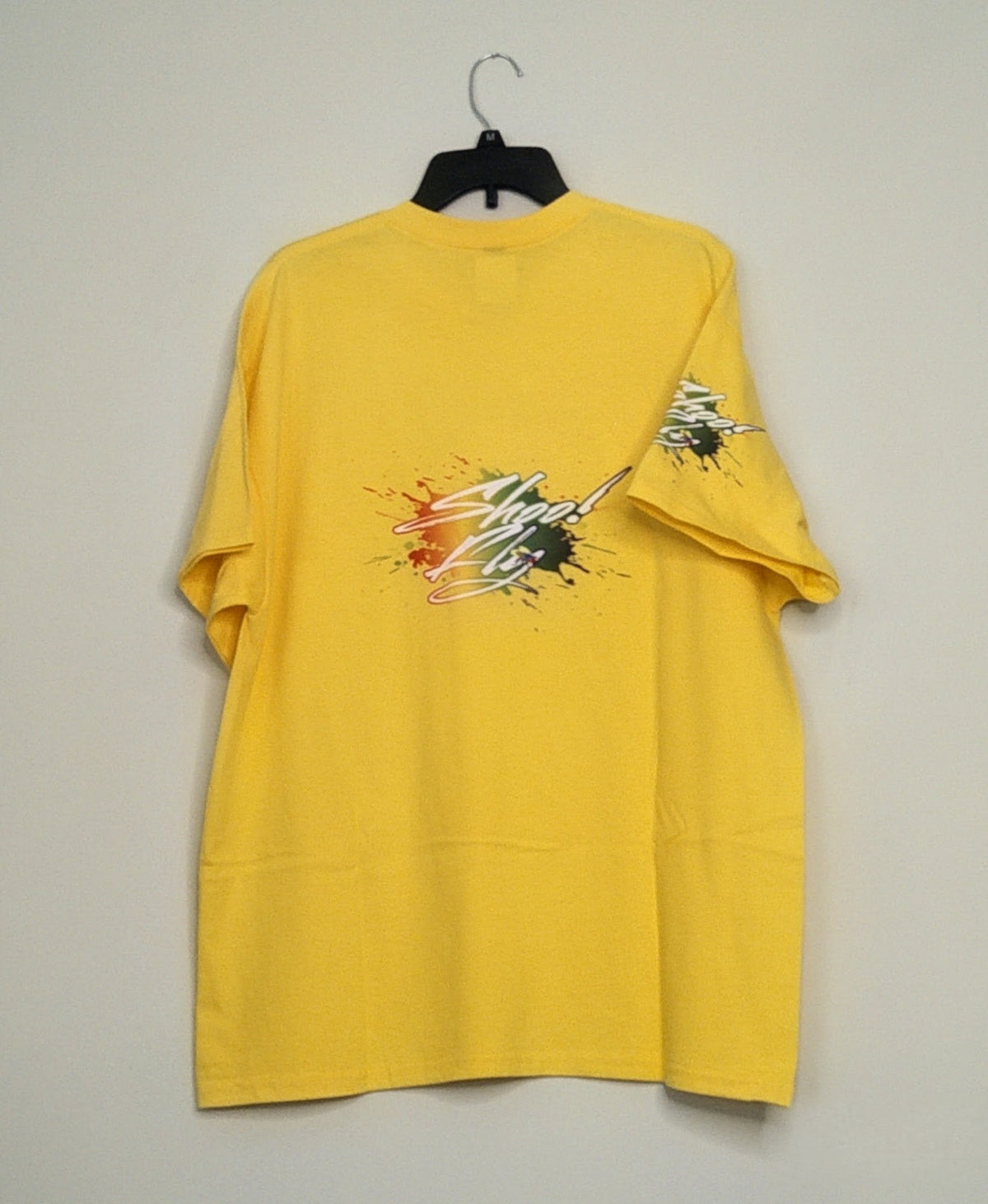 Shoo! Fly logo Big front center, logo small right sleeve, logo Big back center