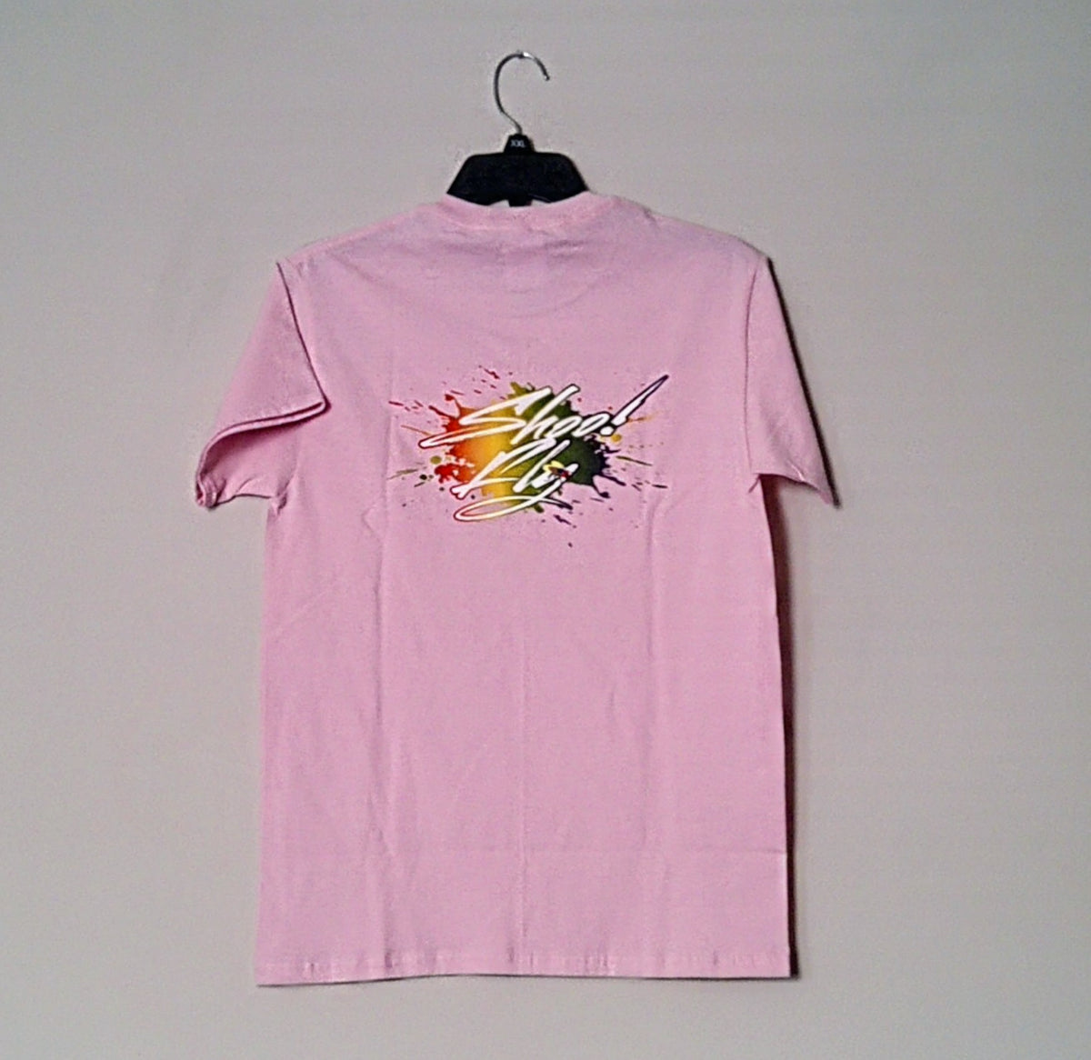 Pink Shoo! Fly logo small Front Left Big logo center back