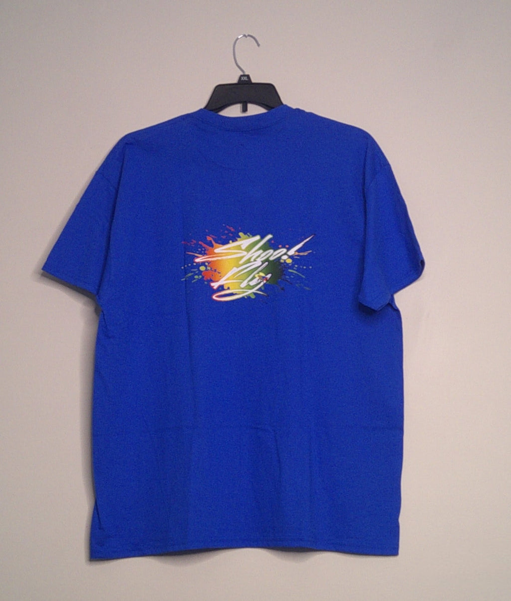 Shoo! Fly logo small right front logo Big center back