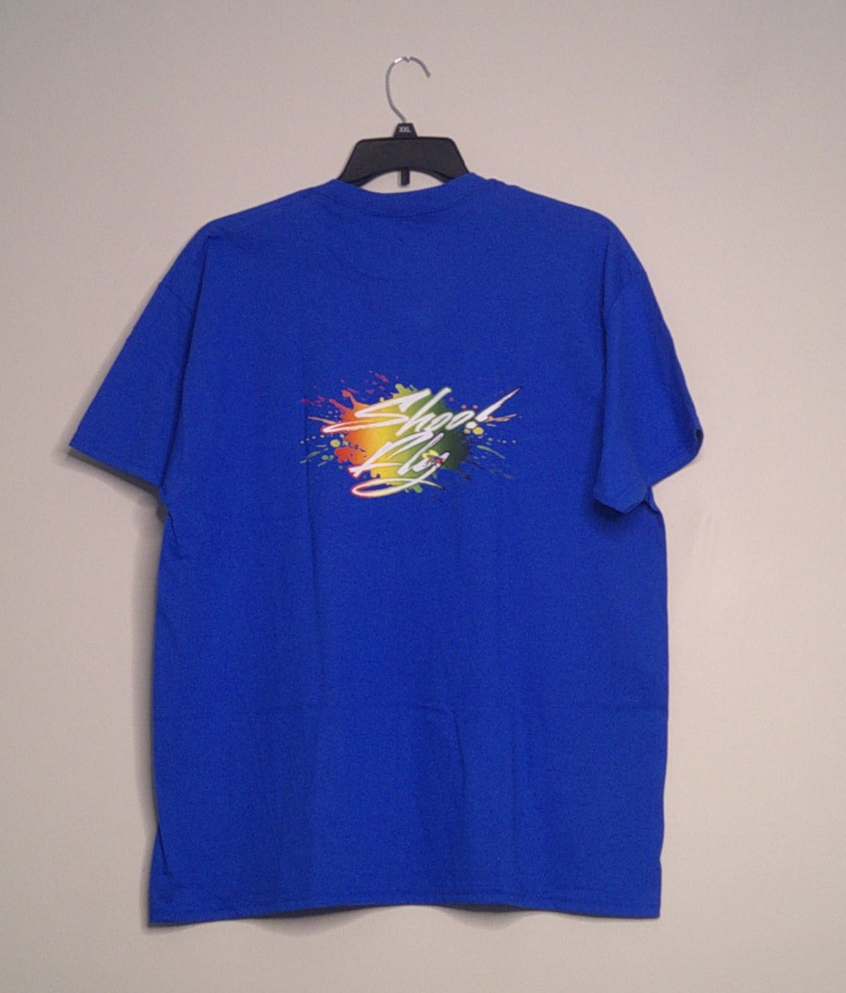 Shoo! Fly logo small right front logo Big center back